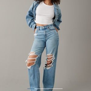 AE Stretch Curvy High Waisted Baggy Straight Leg Jean (Medium Indigo Wash)